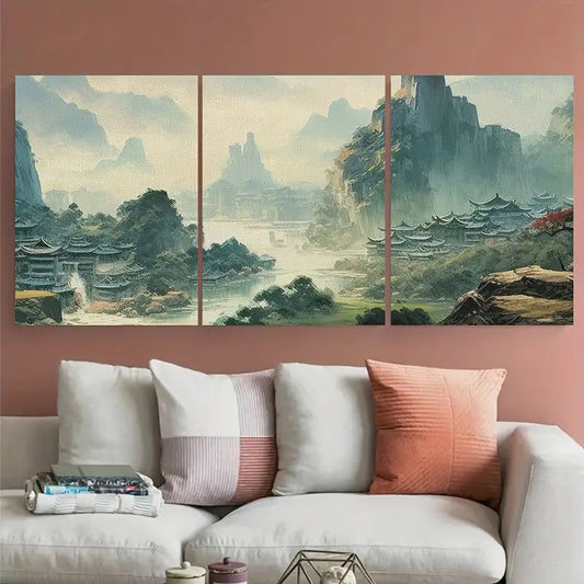 3pcs Bright Foggy Skies Village Metal Print Ready to Hang Art