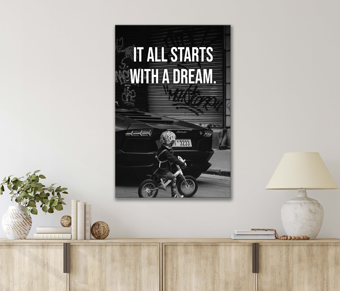 It All Starts with A Dream, Boy Riding a Bike Down a Street Print 100% Australian Made 40x60cm Stretched Canvas Ready to Hang