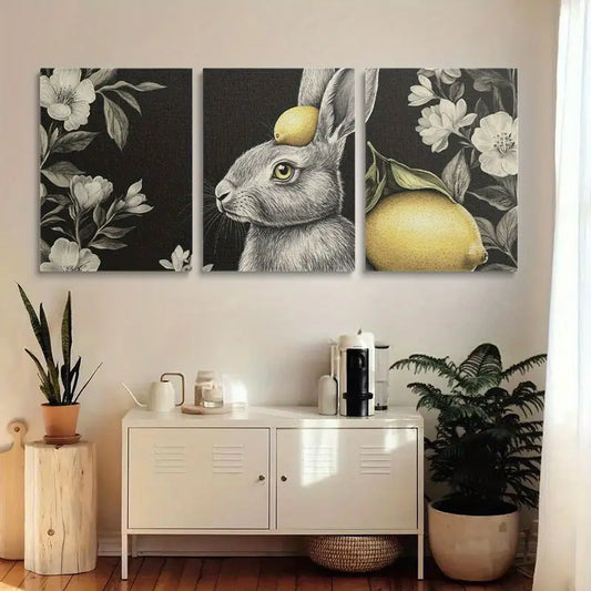 3pcs Gray Rabbit with Lemons in Ears Floral Metal Print Ready to Hang Art