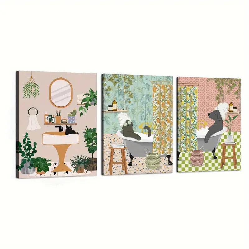3pcs Ink Animal Print Cat, Dog Classic Bathroom Design Metal Print Ready to Hang Art