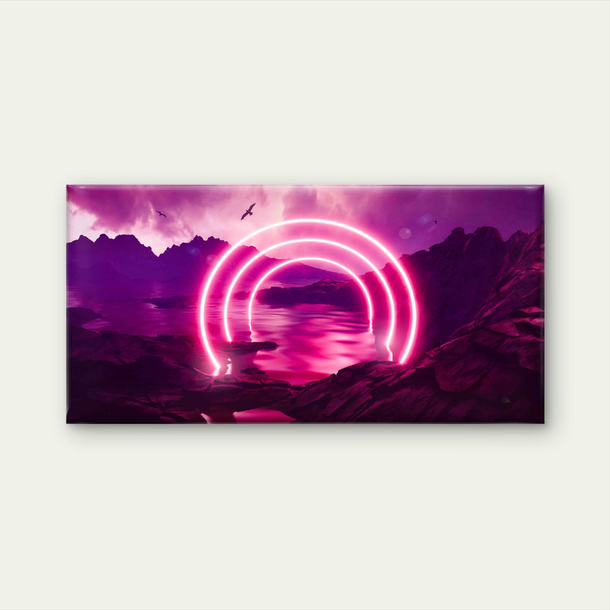 Glowing Rings in Neon Sea Wall Art Canvas Office Home Room Framed 80x45cm