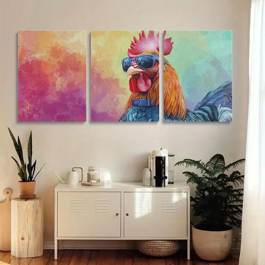3pcs Watercolor Vibrant Rooster Multicolor Metal Print Ready to Hang Art