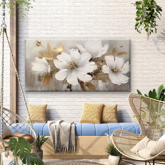 White And Golden Floral Wall Art Canvas Office Home Room Framed 80x45cm