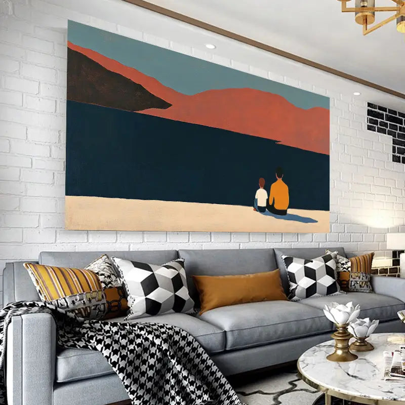 Father & Son Vibrant Beach Scene with Orange & Blue Sky Wall Art wall canvas office home room framed 120x60cm