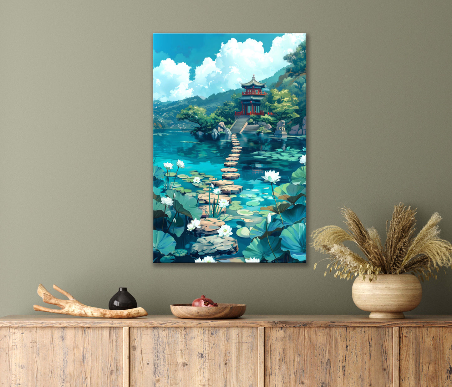 Serene Beauty of Bridge Over Lake with Lotuses Painting Print 100% Australian Made 40x60cm Stretched Canvas Ready to Hang