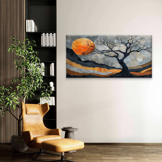 Abstract Patchwork Sun Tree Wall Art Canvas Office Home Room Framed 80x45cm