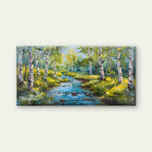 Serene Birch Forest River Flowing Through Sunlit Trees Landscape Wall Art Canvas Office Home Room Framed 80x45cm