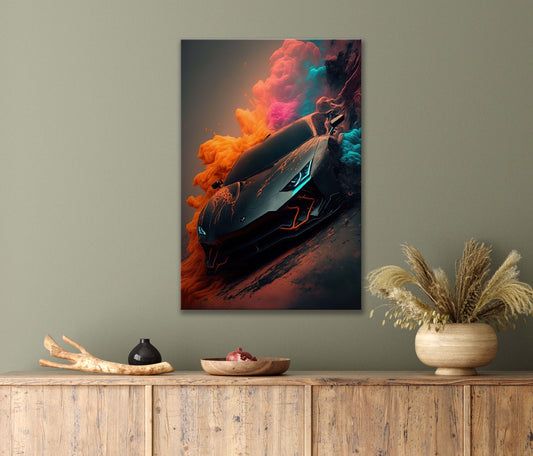 Sport Car Passing Through Colorful Smoke Print 100% Australian Made 40x60cm Stretched Canvas Ready to Hang
