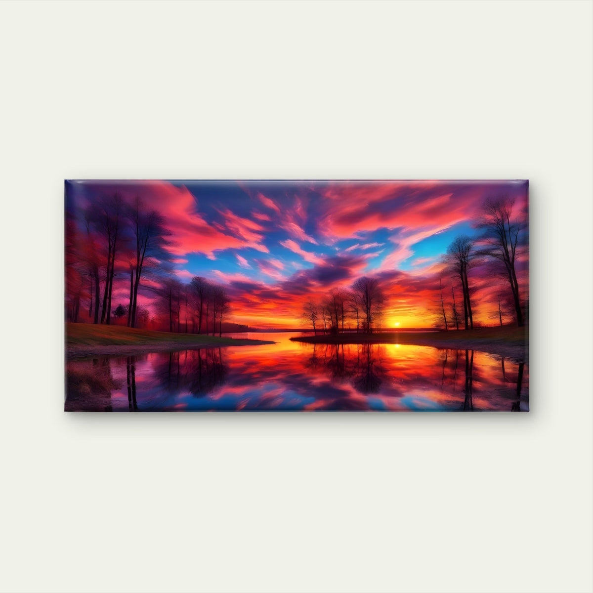Fiery Sunset Reflection Scene Wall Art Canvas Office Home Room Framed 80x45cm