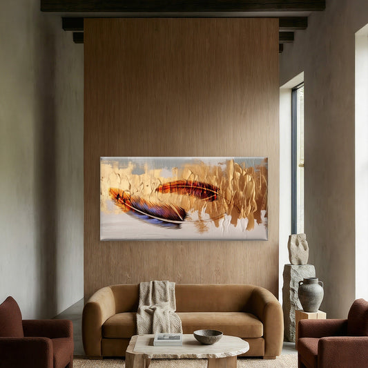 Abstract Gold Feather Plumage Wall Art Canvas Office Home Framed 80x45cm