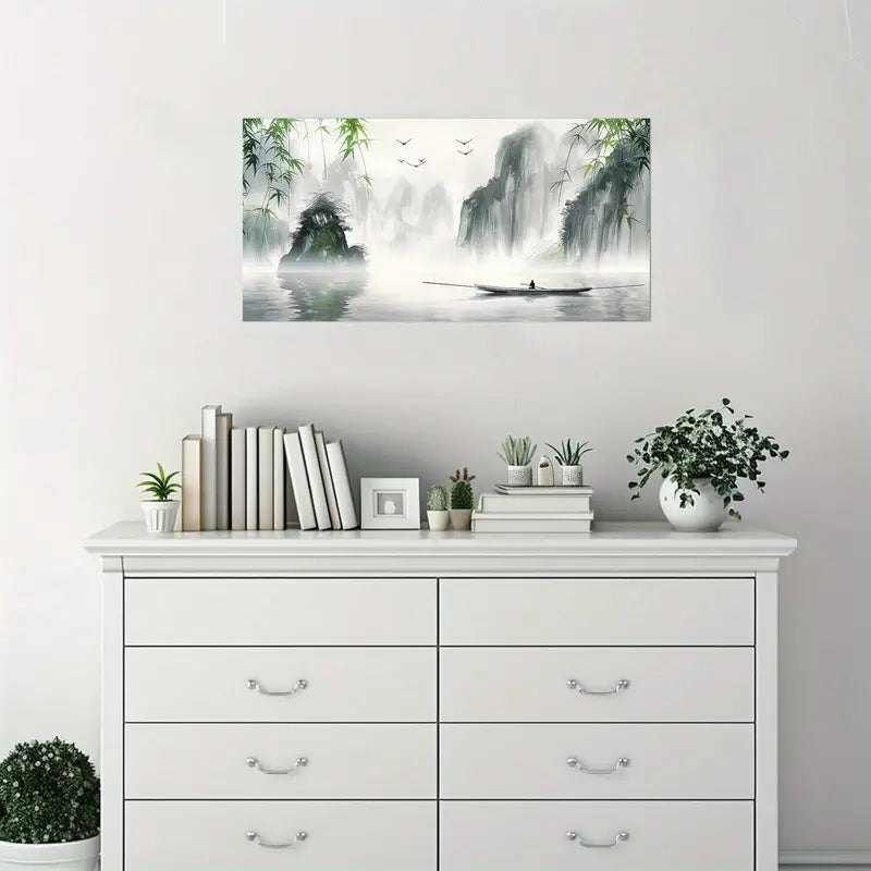 Black & White Serene Lake with Green Bamboo Birds & Boat Wall Art canvas office home room framed 120x60cm