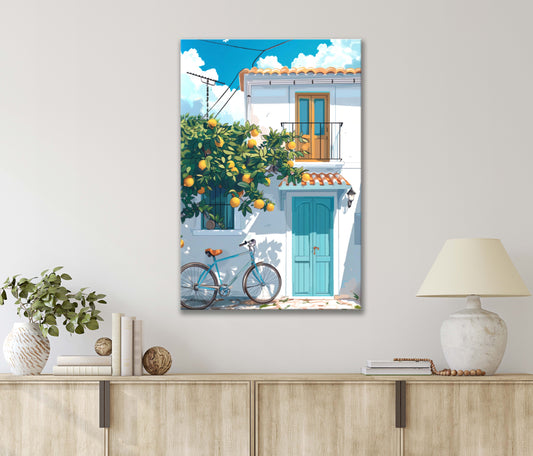 Vintage Bicycle Sits Proudly in Front of a Charming House Print 100% Australian Made 40x60cm Stretched Canvas Ready to Hang