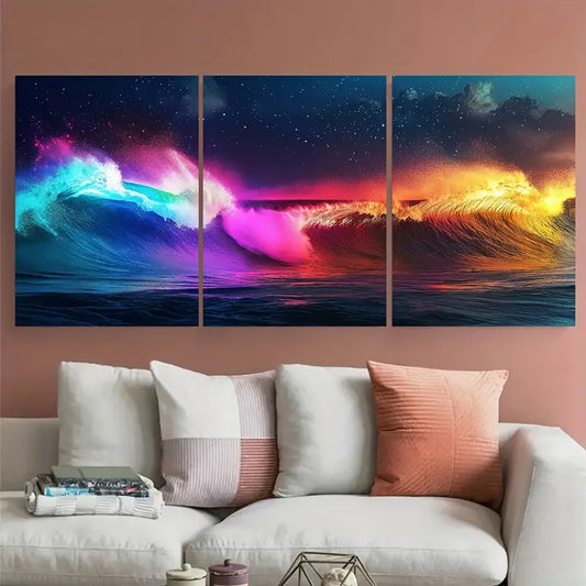 3pcs Colorful Neon Waves Surfer Metal Print Ready to Hang Art