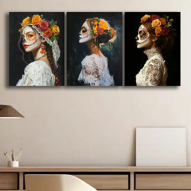 3pcs Featuring Vibrant Floral Dia de los Muertos Designs Metal Print Ready to Hang Art
