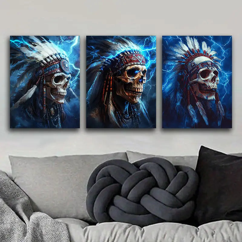 3pcs Native American Chief Skull Design Metal Print Ready to Hang Art
