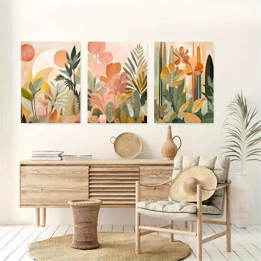 3pcs Tropical Jungle Earth Tones - Botanical Abstract Boho Metal Print Ready to Hang Art