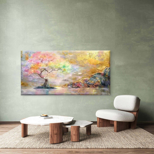 Fantasy Trees And Golden Lands Wall Art Canvas Office Home Room Framed 80x45cm