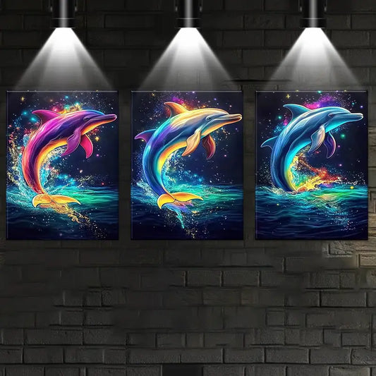 3pcs Vibrant Dolphin Colorful Classic Design Metal Print Ready to Hang Art