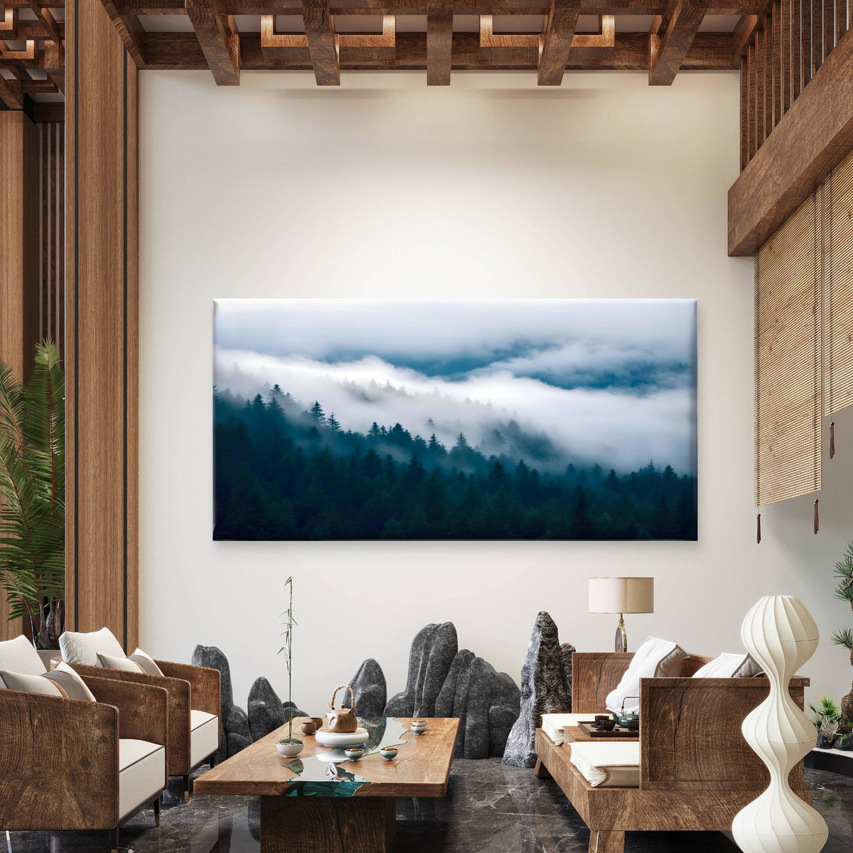 Misty Pine Forest Morning Wall Art Canvas Office Home Room Framed 120x60cm