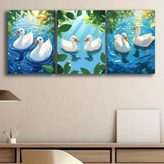3pcs Swimming White Duck Metal Print Ready to Hang Art
