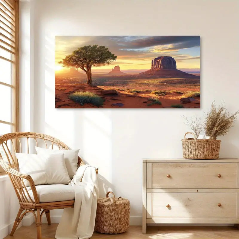 Scenic Dawn Scenery Desert Solitary Tree Rock Formations Wall Art canvas office home room framed 120x60cm