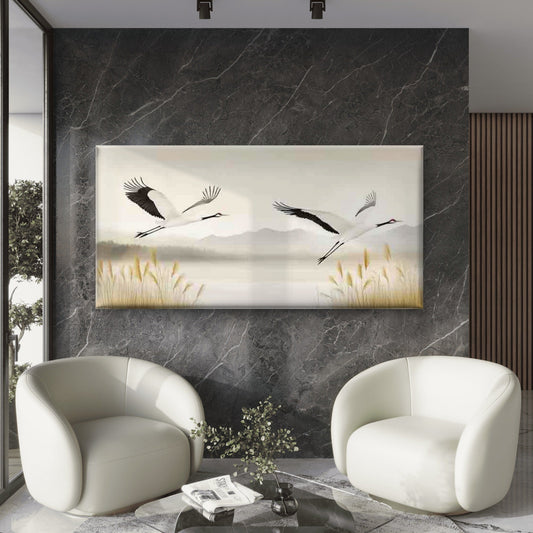 Elegant Cranes Landscape Wall Art Canvas Office Home Room Framed 80x45cm