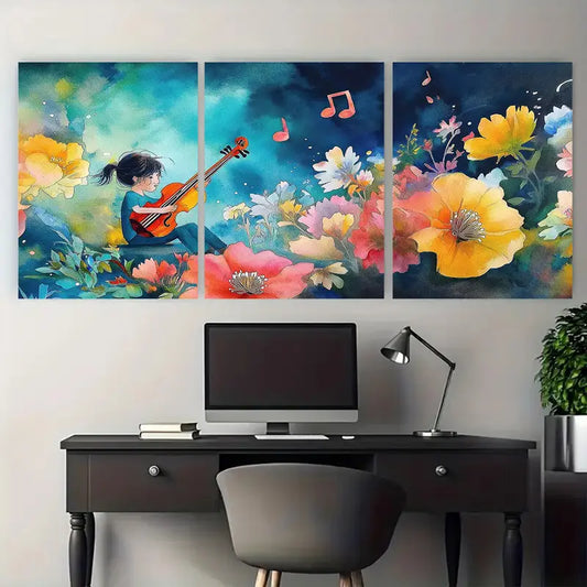 3pcs Garden Flowers Musical Notes Metal Print Ready to Hang Art