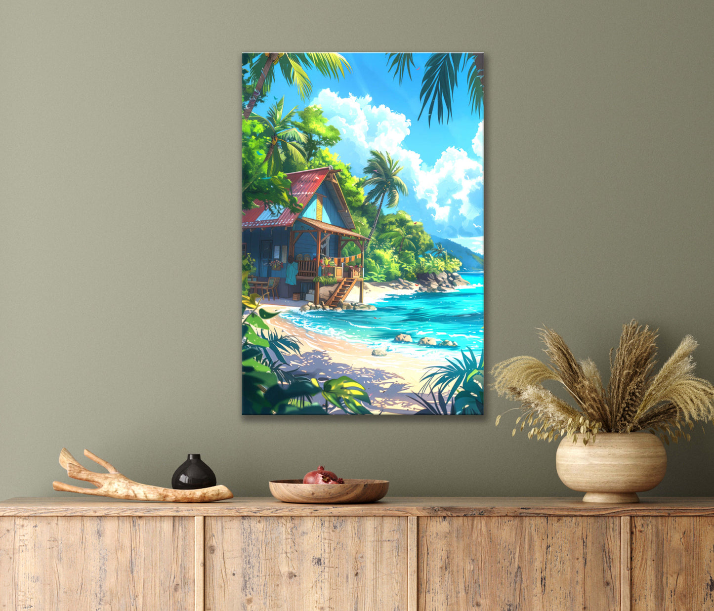 Summer House On the Beach with Waves Crashing & Palm Trees Print 100% Australian Made 40x60cm Stretched Canvas Ready to Hang