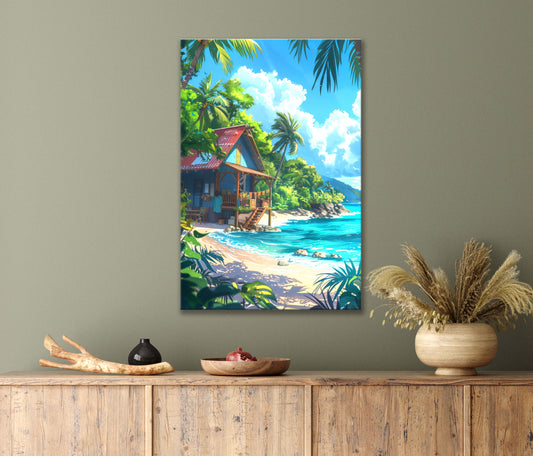 Summer House On the Beach with Waves Crashing & Palm Trees Print 100% Australian Made 40x60cm Stretched Canvas Ready to Hang