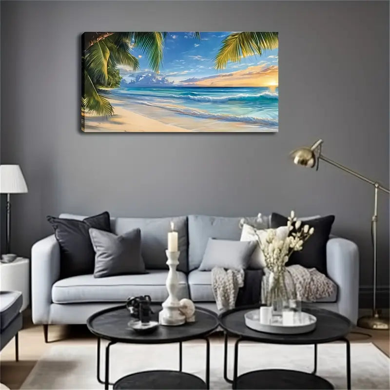 Vibrant Azure Blue Ocean & Palm Wall Art Canvas Office Home Room Framed 120x60cm