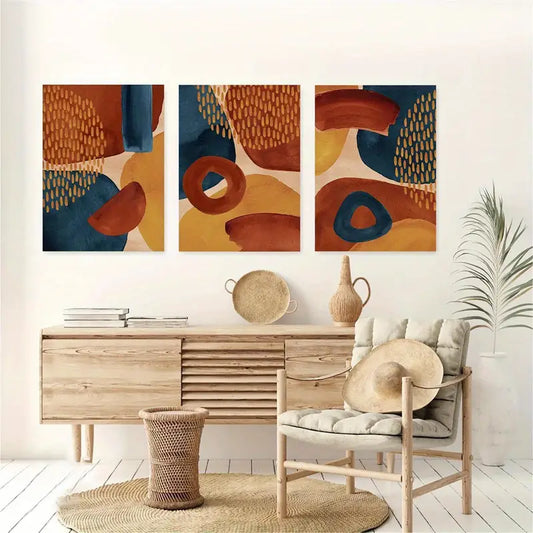 3pcs Abstract Navy Blue Burnt Orange Warm Metal Print Ready to Hang Art