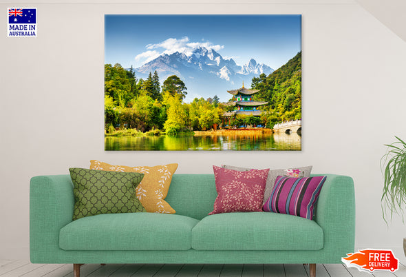 Japan Temple near Lake & Forest Print 100% Australian Made Stretched Canvas Ready to Hang - NT-104