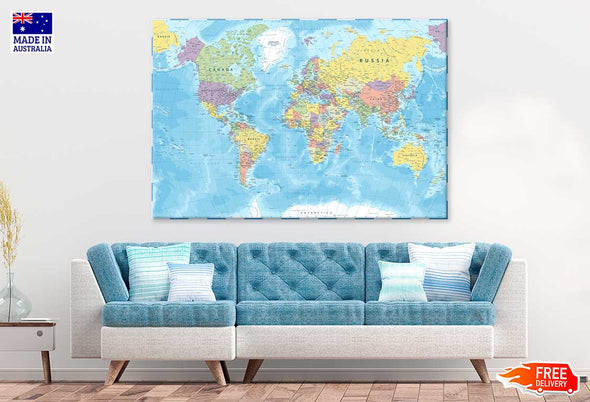 World Map Color Political Print 100% Australian Made Stretched Canvas Ready to Hang - MP-104