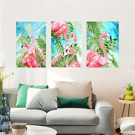 3pcs Pink Flamingo Vibrant Watercolor Metal Print Ready to Hang Art