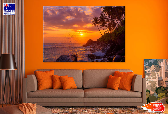 Sunset Beach With Palm Trees & Rocks Print 100% Australian Made Stretched Canvas Ready to Hang - BC-104