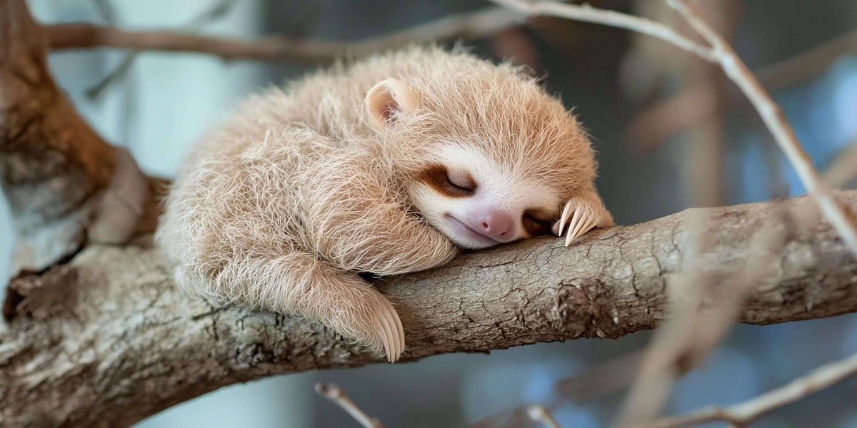 Adorable Baby Sloth Sleeping Tree Branch Nature Wall Art Canvas Office Home Room Framed 80x45cm