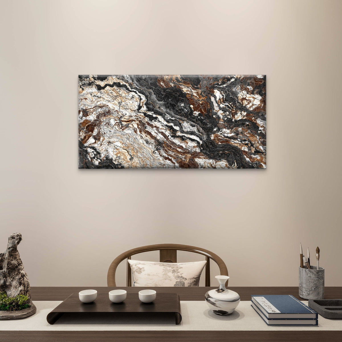 Black & Gold Liquid Granite Texture Wall Art Canvas Office Home Room Framed 120x60cm