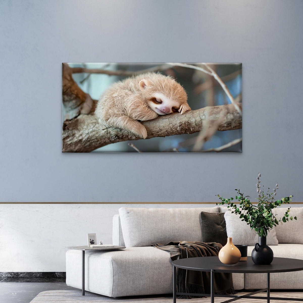 Adorable Baby Sloth Sleeping Tree Branch Nature Wall Art Canvas Office Home Room Framed 80x45cm