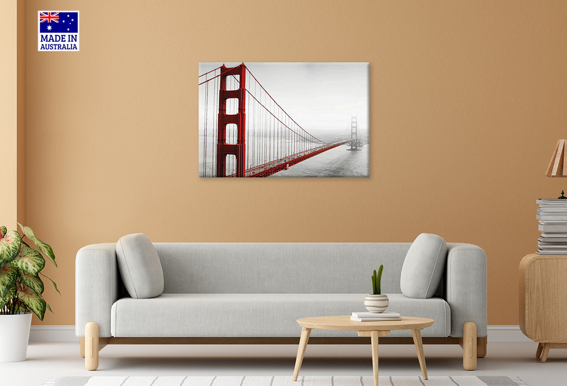 Golden Gate Bridge Stretches into Gray Sky Print 100% Australian Made 60x40cm Stretched Canvas Ready to Hang