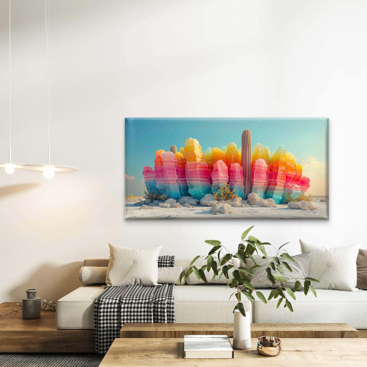 Rainbow Pastel Desert Cactus Wall Art Canvas Office Home Room Framed 120x60 cm