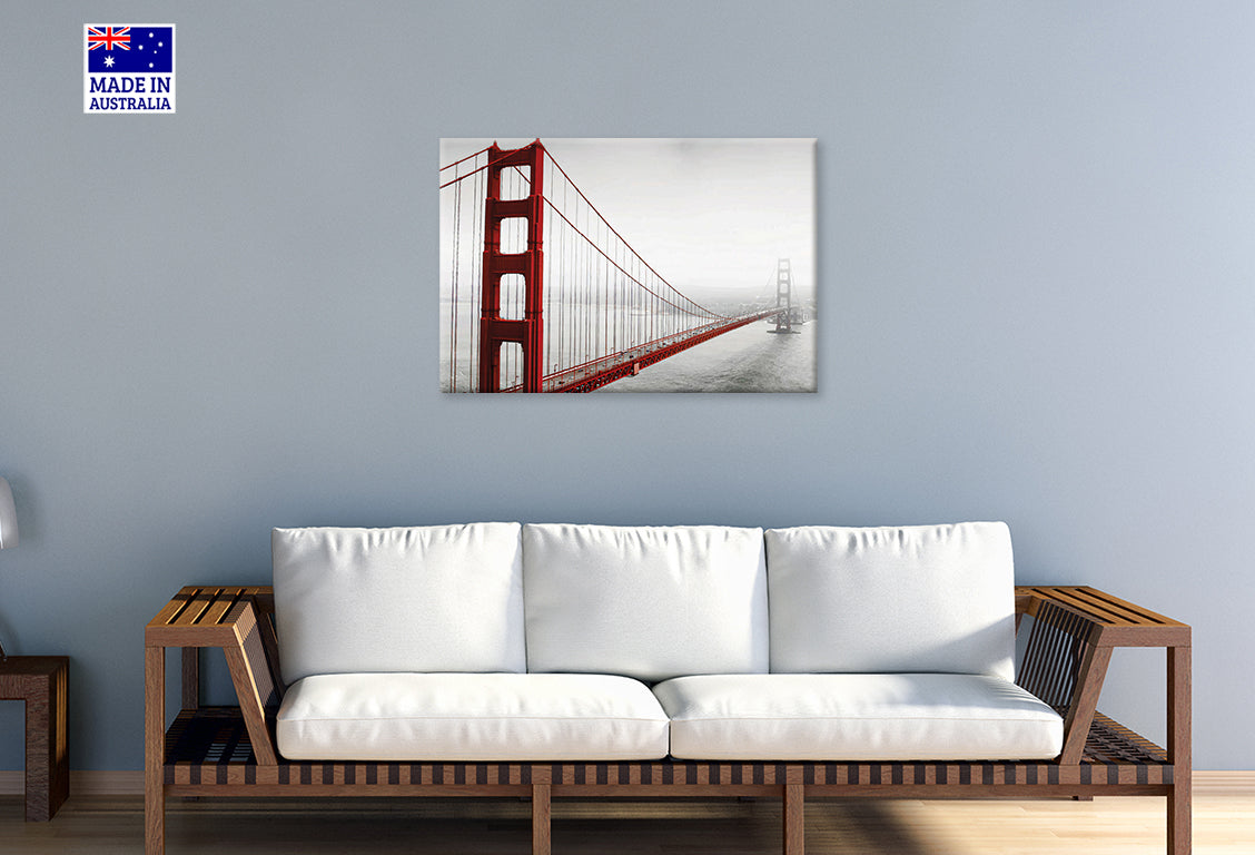 Golden Gate Bridge Stretches into Gray Sky Print 100% Australian Made 60x40cm Stretched Canvas Ready to Hang