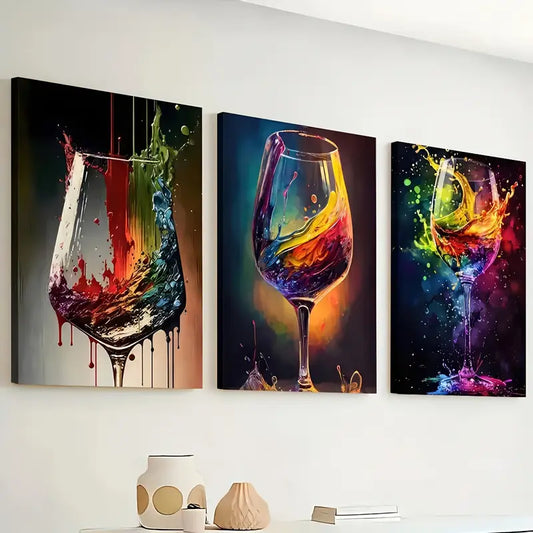 3pcs Modern Fashion Wine Glass Colorful Metal Print Ready to Hang Art