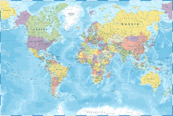 World Map Color Political Print 100% Australian Made Stretched Canvas Ready to Hang - MP-104