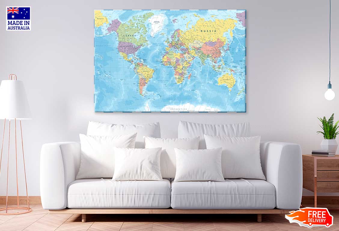 World Map Color Political Print 100% Australian Made Stretched Canvas Ready to Hang - MP-104