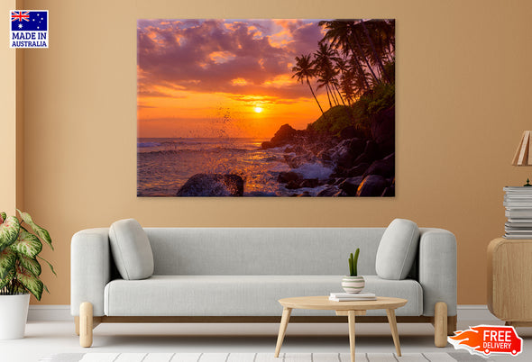 Sunset Beach With Palm Trees & Rocks Print 100% Australian Made Stretched Canvas Ready to Hang - BC-104