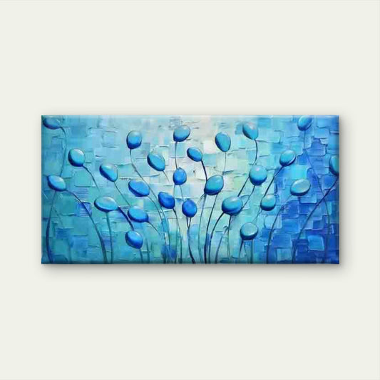 Blue Abstract Floral Artwork Wall Art Canvas Office Home Room Framed 80x45cm