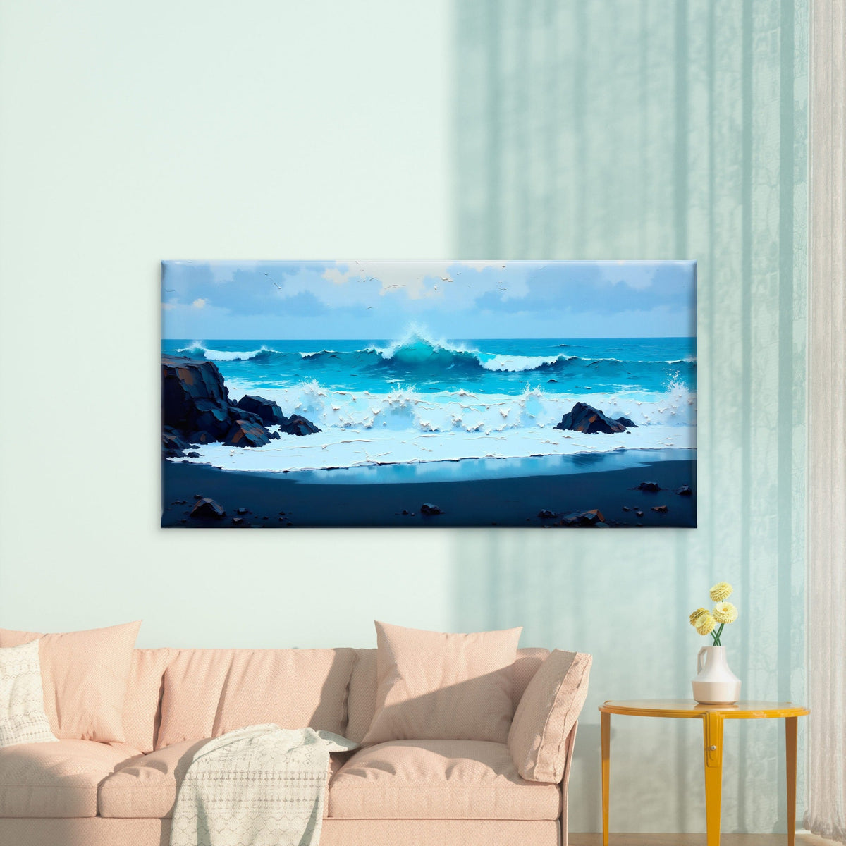 Crashing Azure Ocean Waves Wall Art Canvas Office Home Room Framed 120x60cm