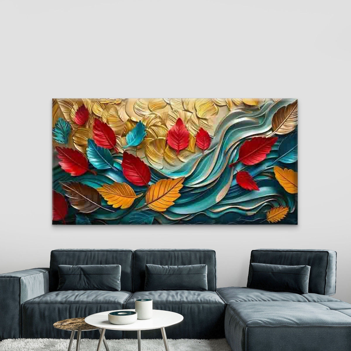 Vibrant Abstract Autumn Leaves Wall Art Canvas Office Home Room Framed 80x45cm