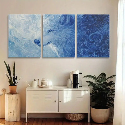 3pcs Blue and White Fur Wolf Design Elegant Metal Print Ready to Hang Art