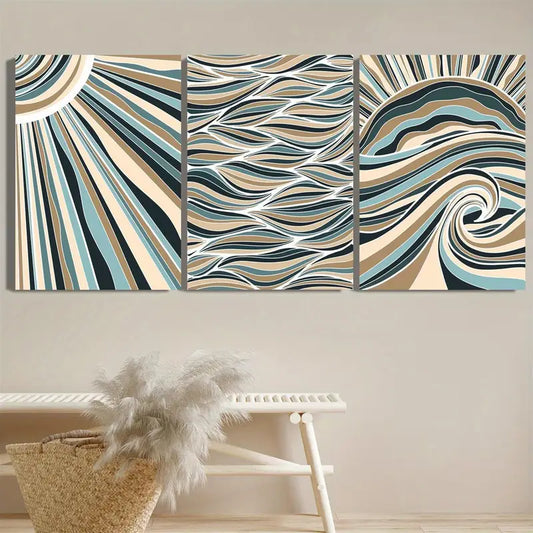3pcs Geometric & Wavy Ribbon Design in Blue, Beige & White Metal Print Ready to Hang Art